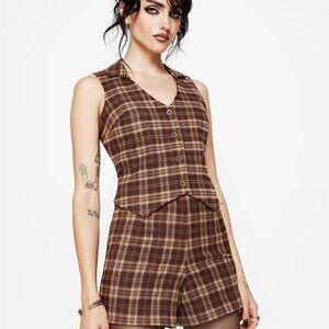 Disturbia Brown Milo Checked collard waist coat and short set
